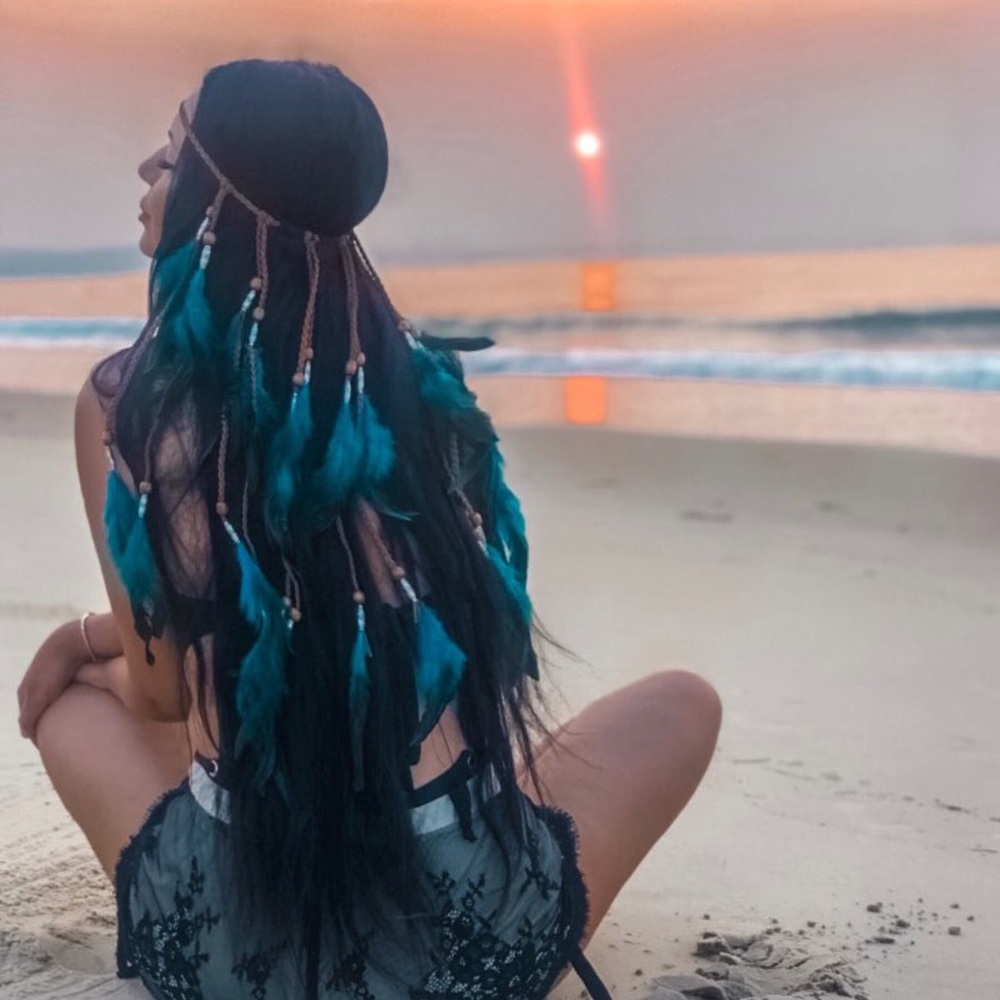 Bohemian Long Blue Feather Headdress Headband - Picture 1 of 14